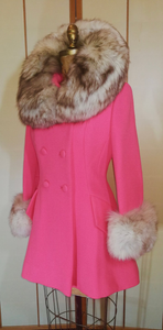 60s Pink Lilli Ann Norwegian Fox Fur Coat Fit and Flare Neon Florescent Bright Pink Double Breasted S/M Princess