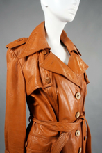 Load image into Gallery viewer, 70&#39;s Butterscotch Leather Spy Trench Coat Montgomery Ward Highly Detailed Large Rare Size Hippy Chic