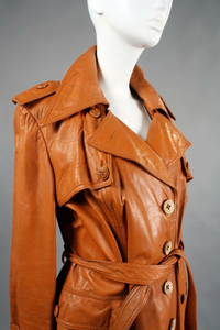 70's Butterscotch Leather Spy Trench Coat Montgomery Ward Highly Detailed Large Rare Size Hippy Chic