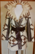 Load image into Gallery viewer, 60s Mod Mink Geometric Coat/ Patchwork Mosaic Mink Leather Fur Tourmaline Jacket Brown and White Fur S,M