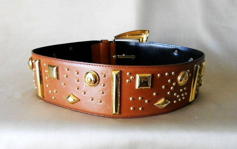 80s Brown Studded ESCADA BELT Gorgeous Tan Color Golden Studded VTG 80s W Germany_Fits 26 - 27.5