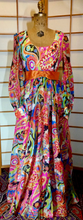 Load image into Gallery viewer, Vintage 70s Dress Maxi High Waisted Rainbow Paisley I Magnin Dress M Psychdelic Poet Sleeves