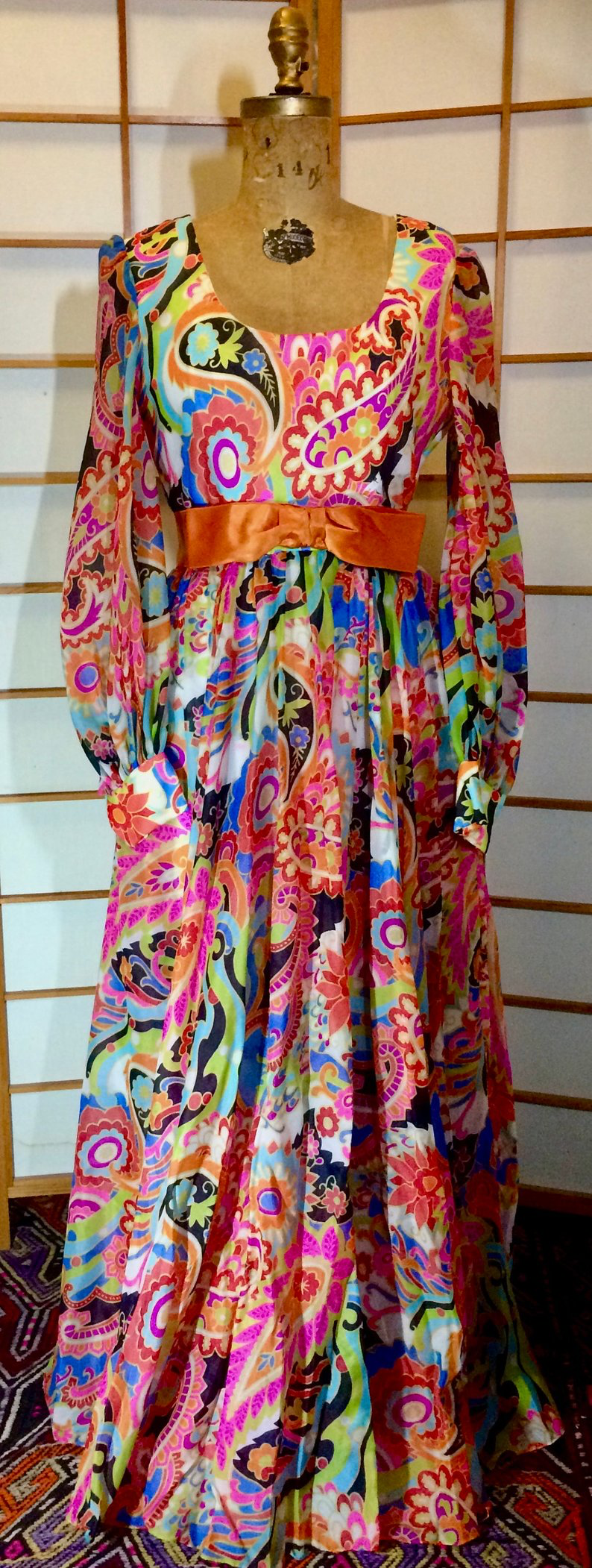 Vintage 70s Dress Maxi High Waisted Rainbow Paisley I Magnin Dress M Psychdelic Poet Sleeves