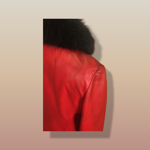 Vintage 70’s 80’s Embroidered Red Leather Coat Black Fox Fur Trim