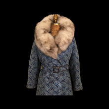 Load image into Gallery viewer, 60’s 70’s Blue Carpet Coat Needlepoint Tapestry with Norwegian Fox Fur Belted