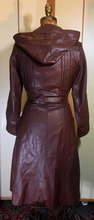 Load image into Gallery viewer, 70s Leather Hooded Trench Spy Rain Fall Coat Reddish Brown Fit and Flare Princess Boho Chic Maroon S/M