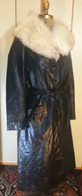 Load image into Gallery viewer, 70s Black Leather and Silver Fox Fur Collar Trench Spy Coat S/M Fit and Flare Princess