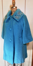 Load image into Gallery viewer, Lilli Ann Swing Mohair Blue Aqua Turquoise Hand Beaded Jeweled Embroidered Wool Luxury S/M/L Pinup 50s 60s Mad Men Mod