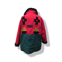 Load image into Gallery viewer, Red Black Gold Aztec Design Fuzzy Faux Fur Collar Patchwork Suede and Nylon Jacket