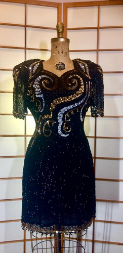 80s Dynasty Glam Silk Beaded Sequined Dress Gold and Black Sweetheart Neckline Prom M/L