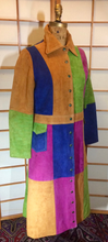 Load image into Gallery viewer, Suede ColorBlock Rainbow Coat--- Leather Patchwork Trench Spy Coat 70s Hippy Joseph and the Amazing Technicolor Dreamcoat--S/M Boho