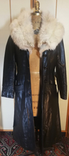 Load image into Gallery viewer, 70s Black Leather and Silver Fox Fur Collar Trench Spy Coat S/M Fit and Flare Princess