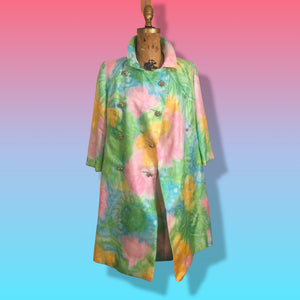 60’s Shift Dress and Coat Set by I. Magnin Pastel Floral Pink Blue Crystal Buttons