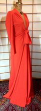 Load image into Gallery viewer, 1970s Plunging Red Dress &quot;Lady in Red&quot; Plunging Knotted Neckline Empire Dress M/L Made in Paris