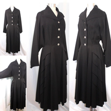 Load image into Gallery viewer, Black Wool Princess Fit and Flare 1940s 1950s Fit and Flare Coat Dress Post World War II Medium Rhinestone Crystal Button New Look reserved for Elizabeth