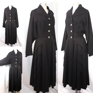 Black Wool Princess Fit and Flare 1940s 1950s Fit and Flare Coat Dress Post World War II Medium Rhinestone Crystal Button New Look reserved for Elizabeth