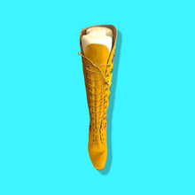Load image into Gallery viewer, Iconic 70’s Mustard Yellow Suede Floral Embroidered Boots size 7 Wooden Heel