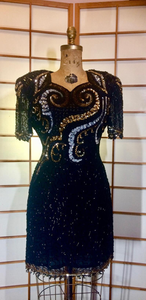 80s Dynasty Glam Silk Beaded Sequined Dress Gold and Black Sweetheart Neckline Prom M/L