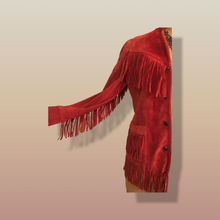 Load image into Gallery viewer, 70’s Red Thick Suede Fringe Coat Cowgirl Cowboy Southwestern Native American Style Boho Hippy
