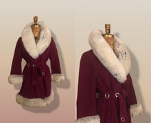 Load image into Gallery viewer, 60s Wine Cranberry Coat in Velveteen and Shearling with Grommet Belt