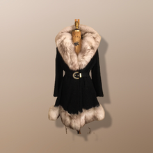 Load image into Gallery viewer, 60’s Vintage Black Karakul Persian Lamb and Silver Fox Fur Princess Coat Fit Flare Swarovski Crystal Belt