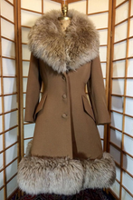 Load image into Gallery viewer, 60’s Caramel Lilli Ann Shearling Fit and Flare Princess Coat with Belt Clutch Purse Set Beaded