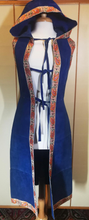 Load image into Gallery viewer, Hooded Blue Suede 70S Vest Long Satin Embroidered Orange Thick Leather Small Extra Long Hippy Chic Hippy Sleeveless Coat Russian Princess
