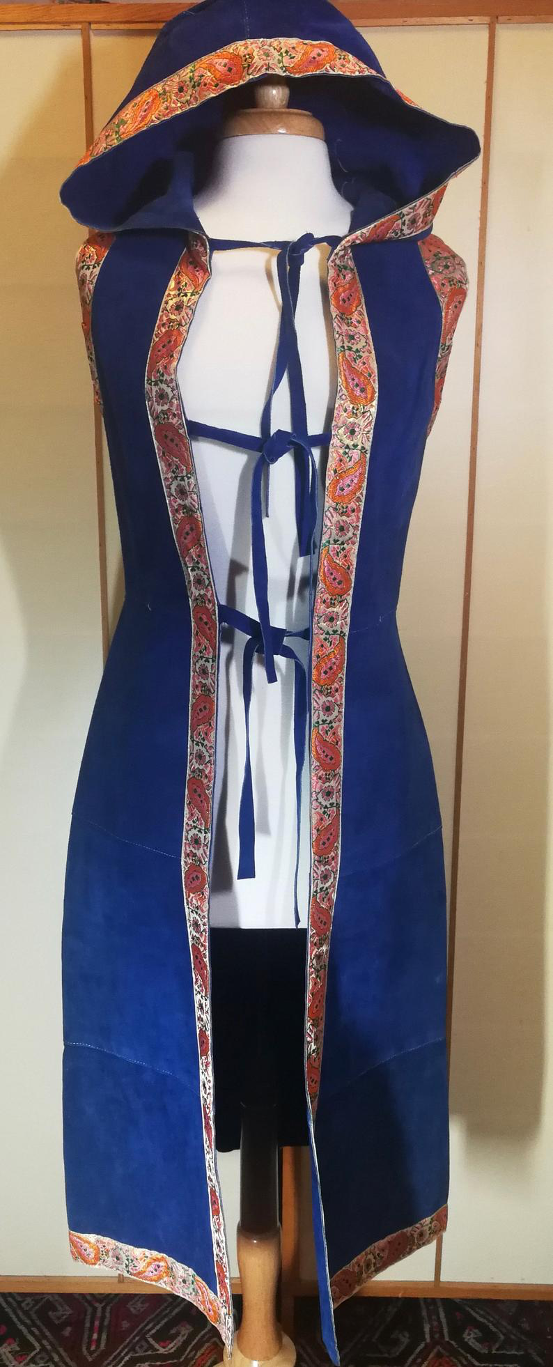 Hooded Blue Suede 70S Vest Long Satin Embroidered Orange Thick Leather Small Extra Long Hippy Chic Hippy Sleeveless Coat Russian Princess