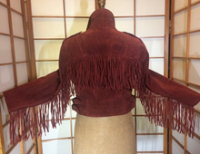 Load image into Gallery viewer, Vintage Fringe Southwester Cowgirl Hipster Suede Coat Jacket Burnt Orange S/M