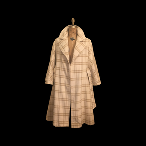 60’s Cream White Plaid Wrap Wool Fit Flare Coat Neutral Natural Colors Belted