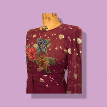 Load image into Gallery viewer, 70’s 80’s Vintage Bergundy Purple Chiffon High Low Floral Dress Tassle Extra Belt