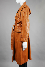 Load image into Gallery viewer, 70&#39;s Butterscotch Leather Spy Trench Coat Montgomery Ward Highly Detailed Large Rare Size Hippy Chic