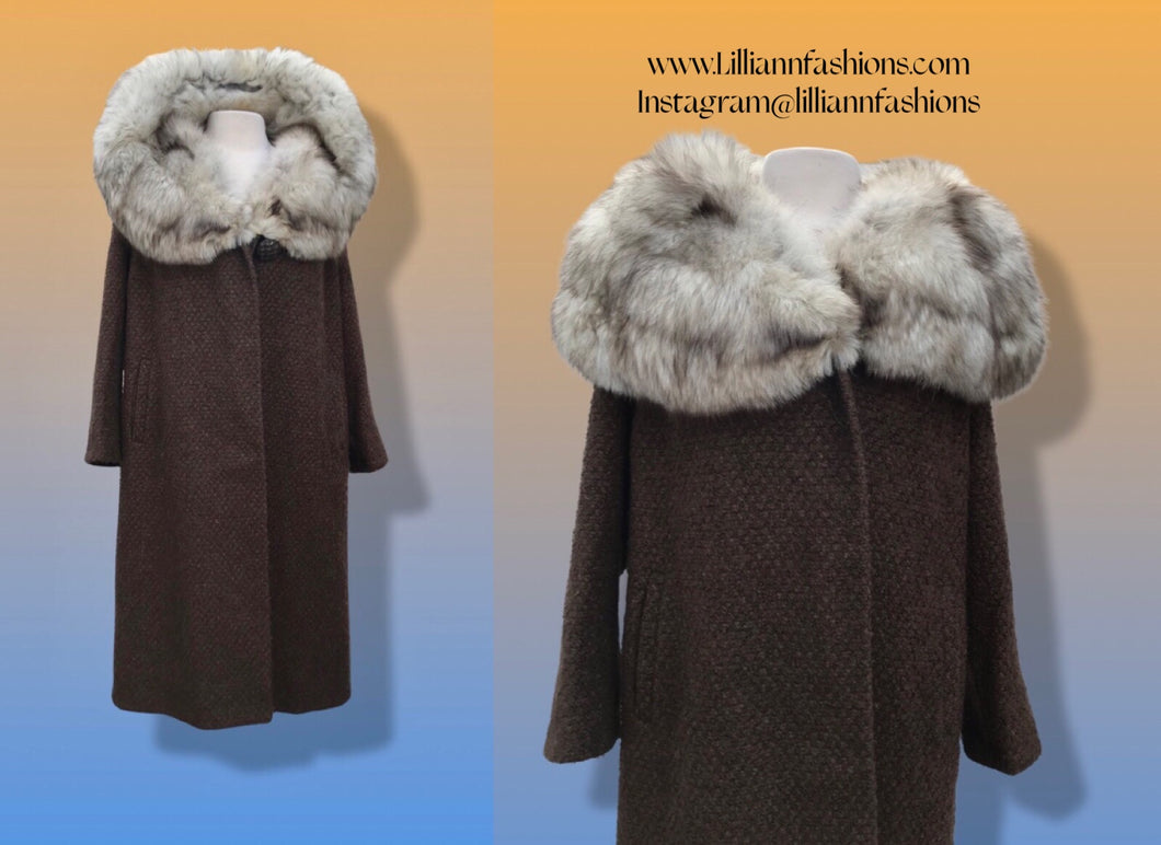 Vintage 60’s Swing Coat Massive Fox Fur Collar Brown Boucle
