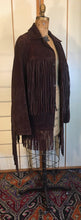 Load image into Gallery viewer, 70s Vintage Coat Jacket with Extra Long Dark Brown Suede Fringe Rare Modern Size Unisex Hendrix Studio 54 Southwestern Native Cowgirl Cowboy