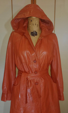 Load image into Gallery viewer, 70s Leather Hooded Trench Spy Duster Long Fit and Flare Orange/Tan Coat S/M Boho Hippie Hippy Chic Hipster