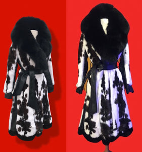 Couture  New Jaguar Mink Fox Fur Lamb Leather Princess Scalloped Coat Black and White Brand New