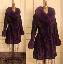 Load image into Gallery viewer, Vintage 70s Purple Coat- Faux "Sheared Lamb" Shearling Vegan Velvet Goth Punk Grunge Penny Lane Russian Princess Boho Princess Pinup