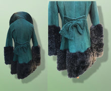 Load image into Gallery viewer, 2000’s Teal Green Blue Shearling Suede Lamb Karakul Swakara Floral Coat Victorian Penny Lane Boho