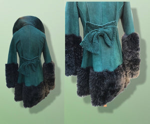 2000’s Teal Green Blue Shearling Suede Lamb Karakul Swakara Floral Coat Victorian Penny Lane Boho