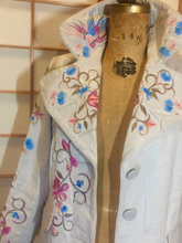 Load image into Gallery viewer, Floral White Leather Trench Spy Coat--Embroidered Floral Bird Pastel Design, Leather Spy Trench Fit Flare Penny Lane Twiggy Afghan M/L