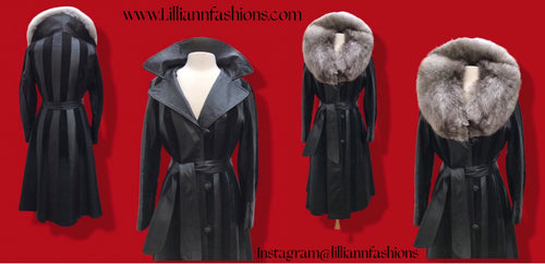 70’s Spy Trench Black Leather with Suede inlay Fox fur Removable Collar