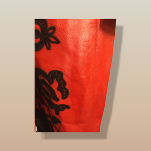 Vintage 70’s 80’s Embroidered Red Leather Coat Black Fox Fur Trim