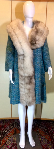 50s 60s Lilli Ann Scottish Mohair and Silver Arctic Fox Fur Stole Swing Coat Blue S/M/L Mad Men