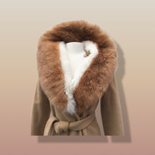 Load image into Gallery viewer, 60’s Vintage Camel Coat  with Fur Trim Vicuna-Printed Fit Flare Wrap Style Wool Cashmere Blend