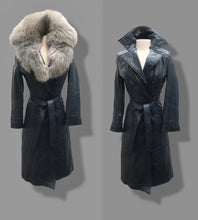 Load image into Gallery viewer, 70’s Spy Trench Leather Coat with Removable Shearling Collar Dark Blue