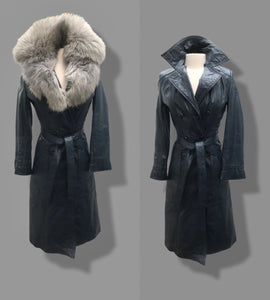 70’s Spy Trench Leather Coat with Removable Shearling Collar Dark Blue