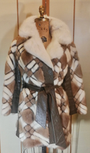 Load image into Gallery viewer, 60s Geometric Mink Leather Coat --Mod Mosaic Mink White and Brown Patchwork ColorBlock Coat S/M