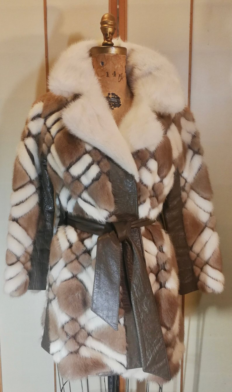 60s Geometric Mink Leather Coat --Mod Mosaic Mink White and Brown Patchwork ColorBlock Coat S/M