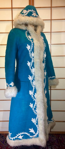Suede and Shearling Lamb Turquoise Blue and White Embroidered Afghan Coat Almost Famous Hippy Chic Penny Lane S/M Beatles British Invasion!