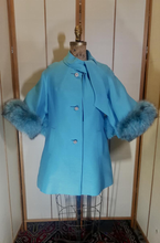 Load image into Gallery viewer, 60s Mod Lilli Ann Cape Flare Bell Sleeve Turquoise Dyed Blue Aqua Norwegian Fox Fur Rhinestone Short Dress Coat Made Men Jackie Kennedy